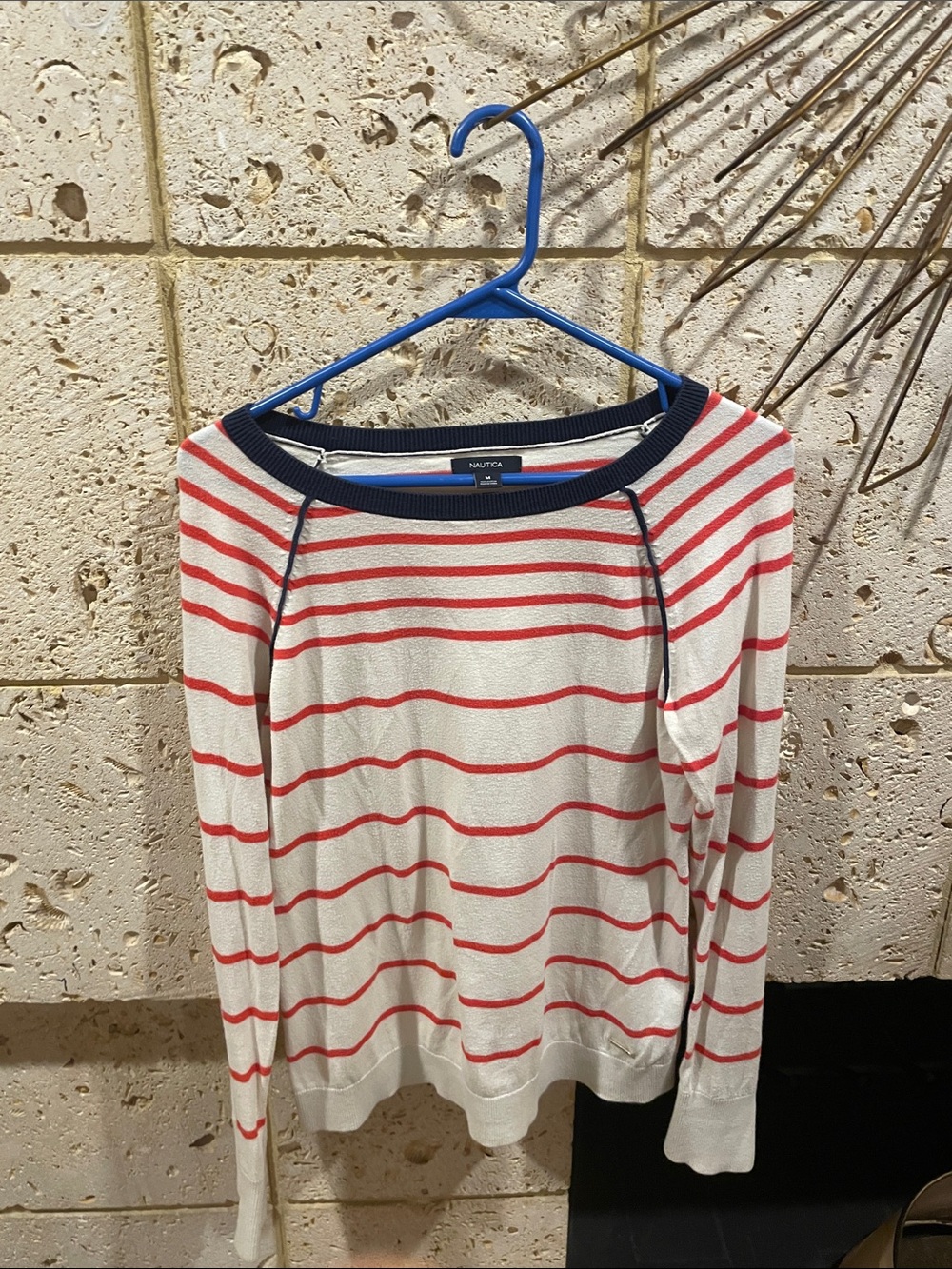 Nautica Cream Sweater with Red Stripes and Navy Trim